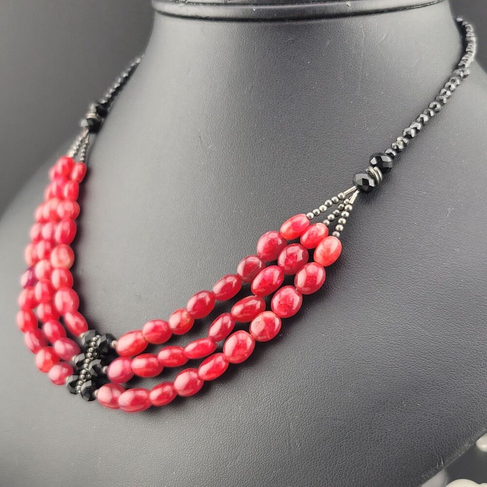 🤤Yum Red Natural Red Garnet Black Crystal Waterfall Layered 16" Necklace